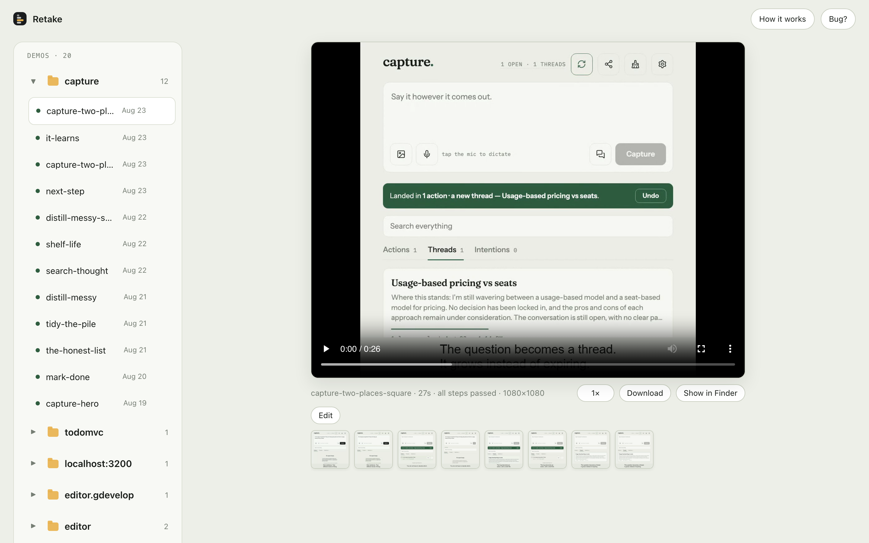 Retake's local library showing recorded demos, a video player, output details, and frame stills